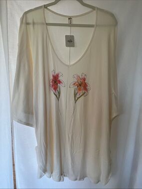 NWT Free People Cream Floral V-Neck  Sleep/Lounge Dress with Pink Lily Print.